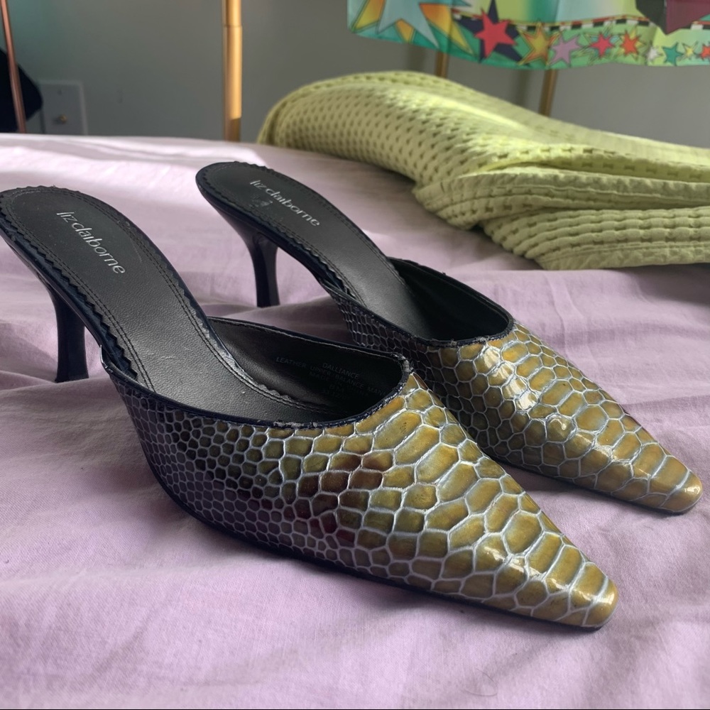 Green Snakeskin Kitten Heels